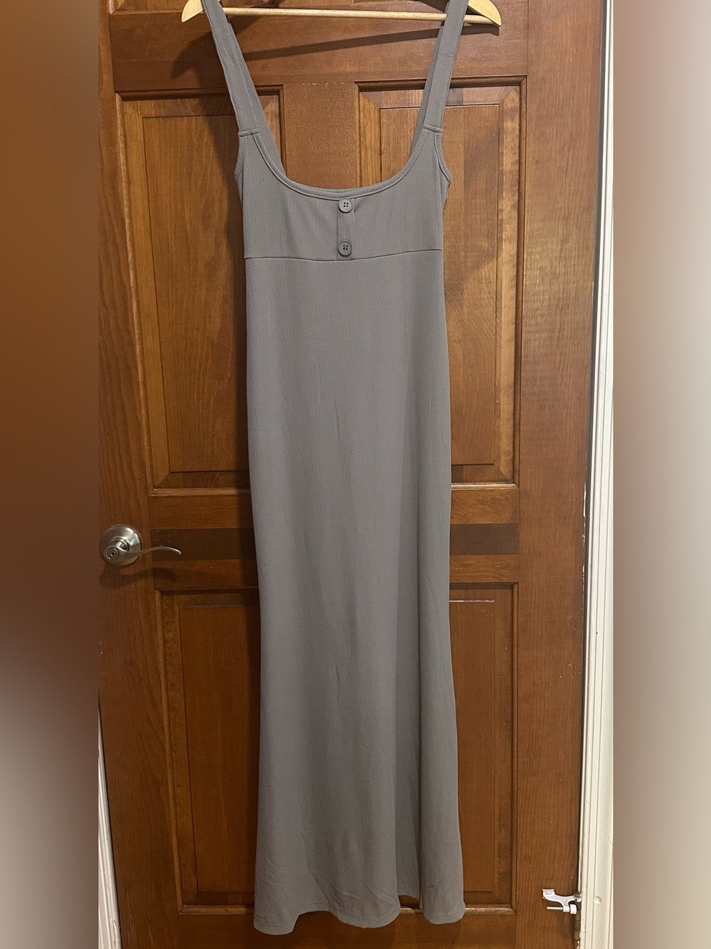 Sleeveless Gray Ribbed Maxi Dress with Button Detail
